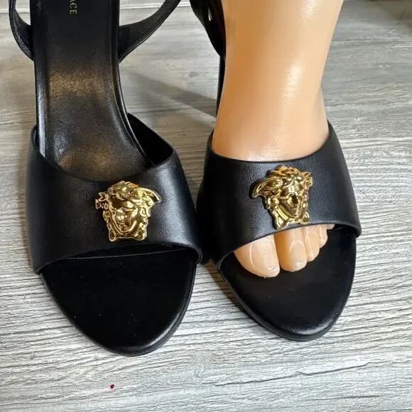 VERSACE SHOES BLACK LEATHER w MEDUSA HIGH HEEL SANDALS sz IT 39 US 8 - Picture 3 of 10